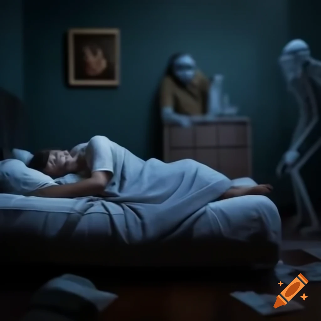 Scary demon standing by bed while man sleeps