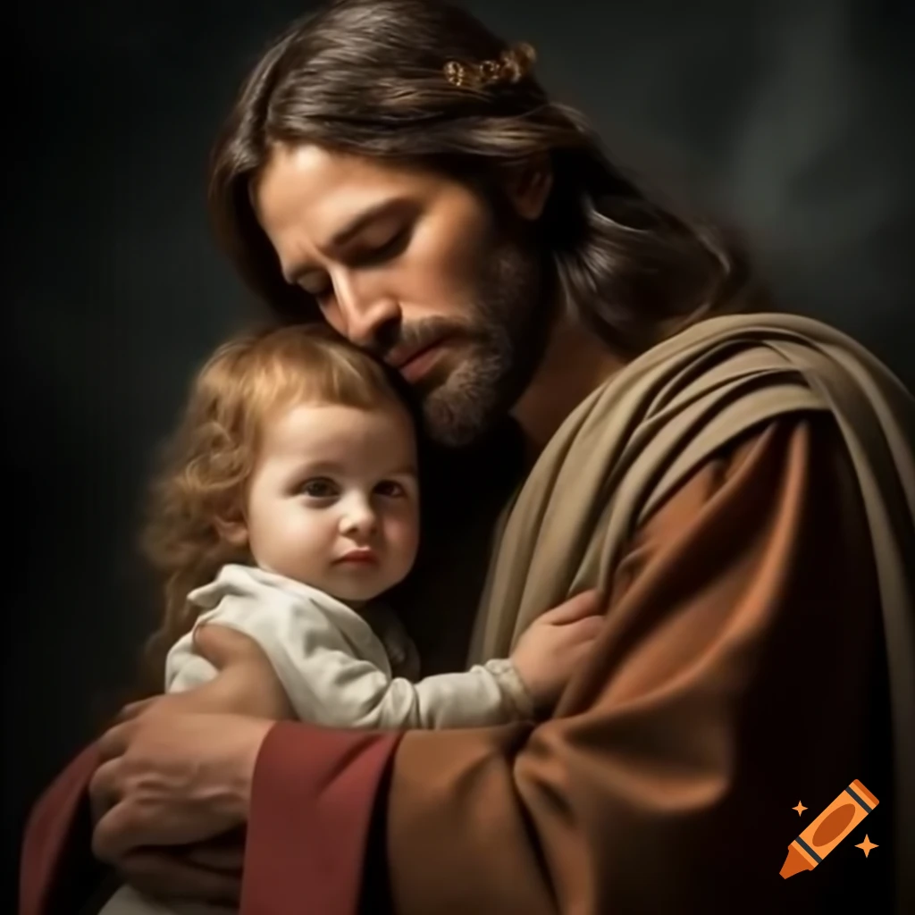 Jesus embracing a child in a compassionate scene