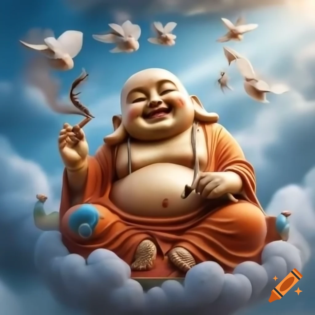Laughing Buddha with smoking pipe surrounded by birds and clouds