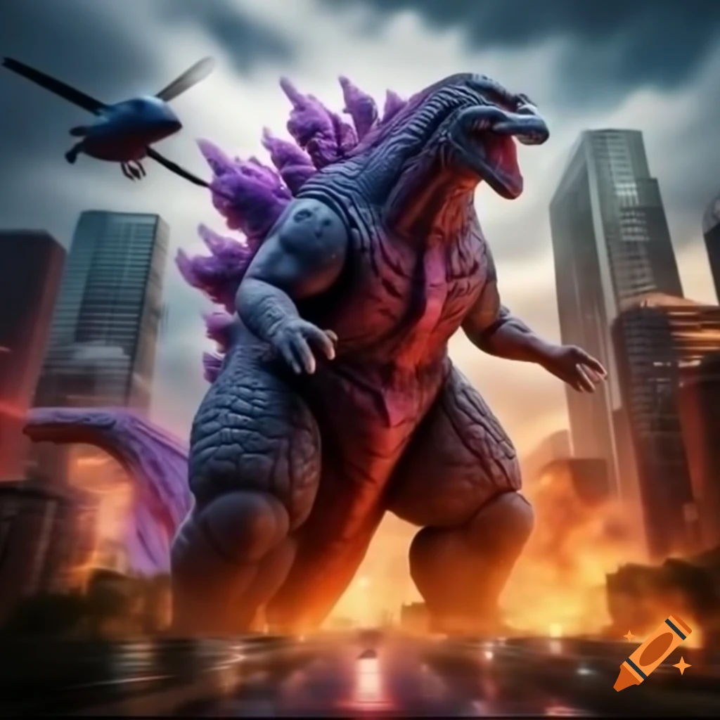 Realistic high angle shot of pink Godzilla charging atomic beam with burning city skyline