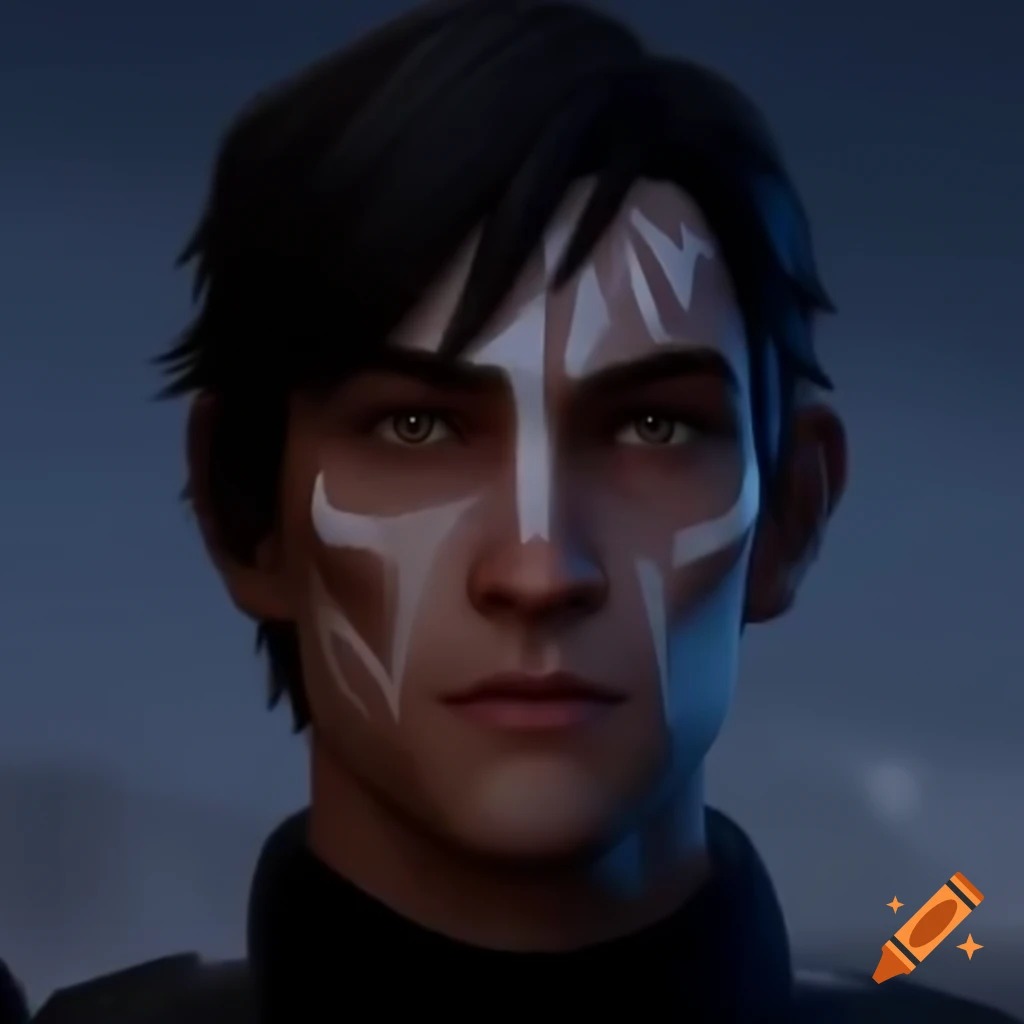 Dark-haired male Kiffar sniper from Star Wars with white facial tattoo