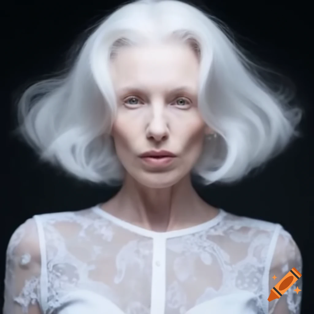 Silver haired woman in white and silver lace dress with alabaster-like skin