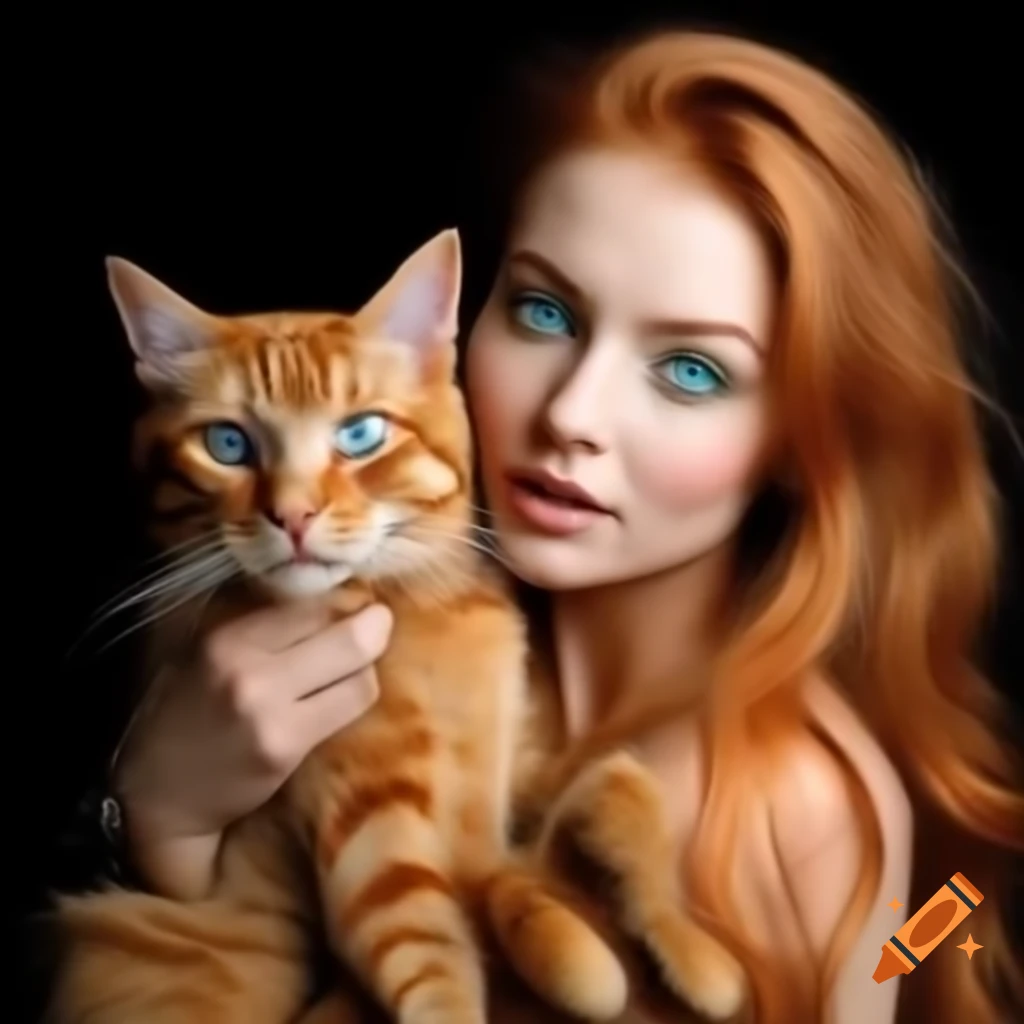 Ginger-haired woman holding ginger cat with golden eyes, showcasing friendship
