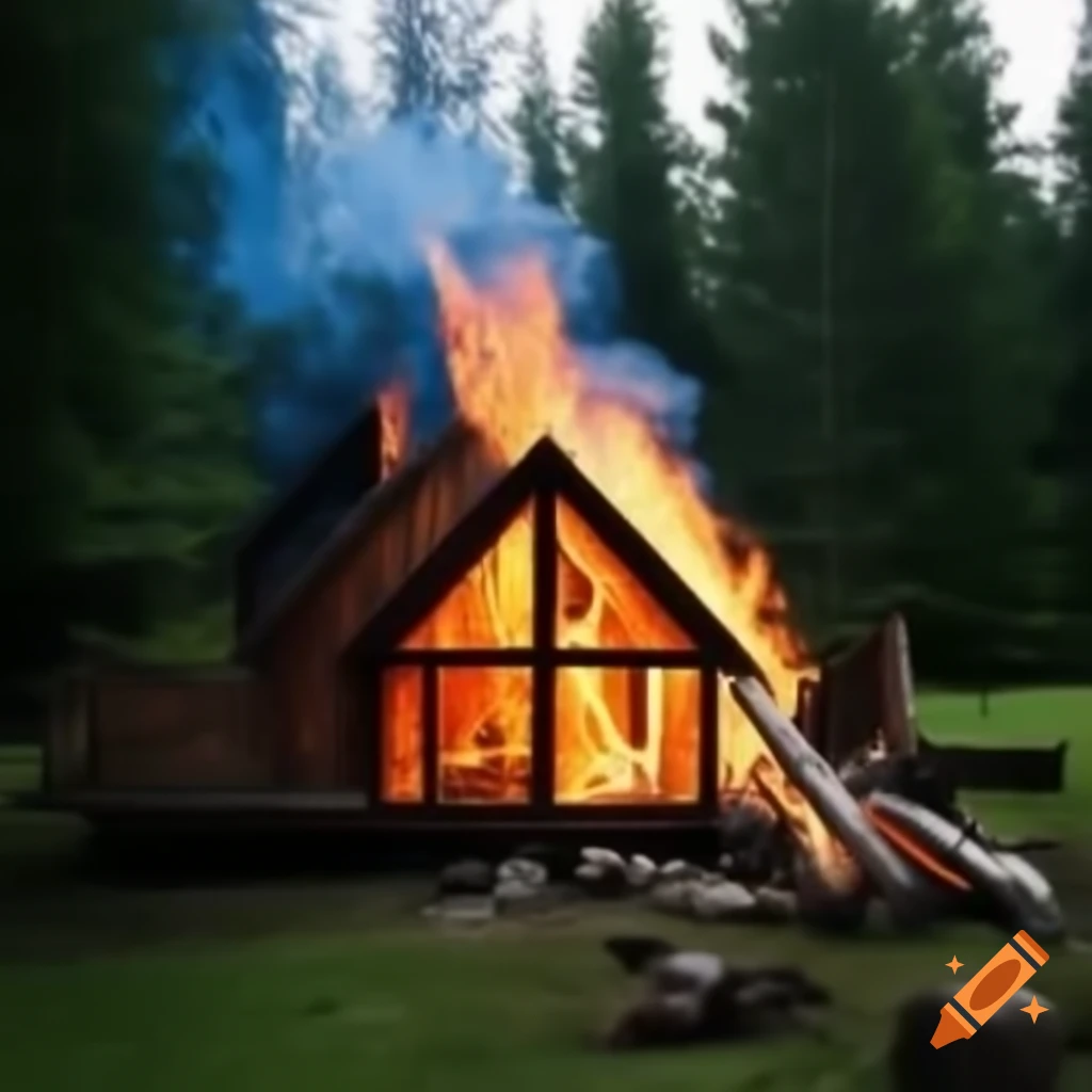 Burning wooden house in summer woods