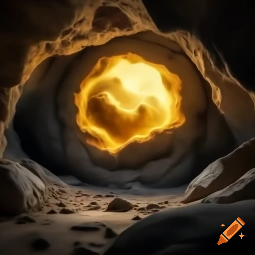 Yellow glowing swirling cloud orb in cave setting