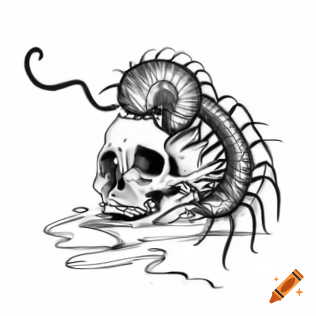 Intricate Linework Of Centipede Crawling From Skull In Black And White intricate-linework-of-centipede-crawling-from-skull-in-black-and-white