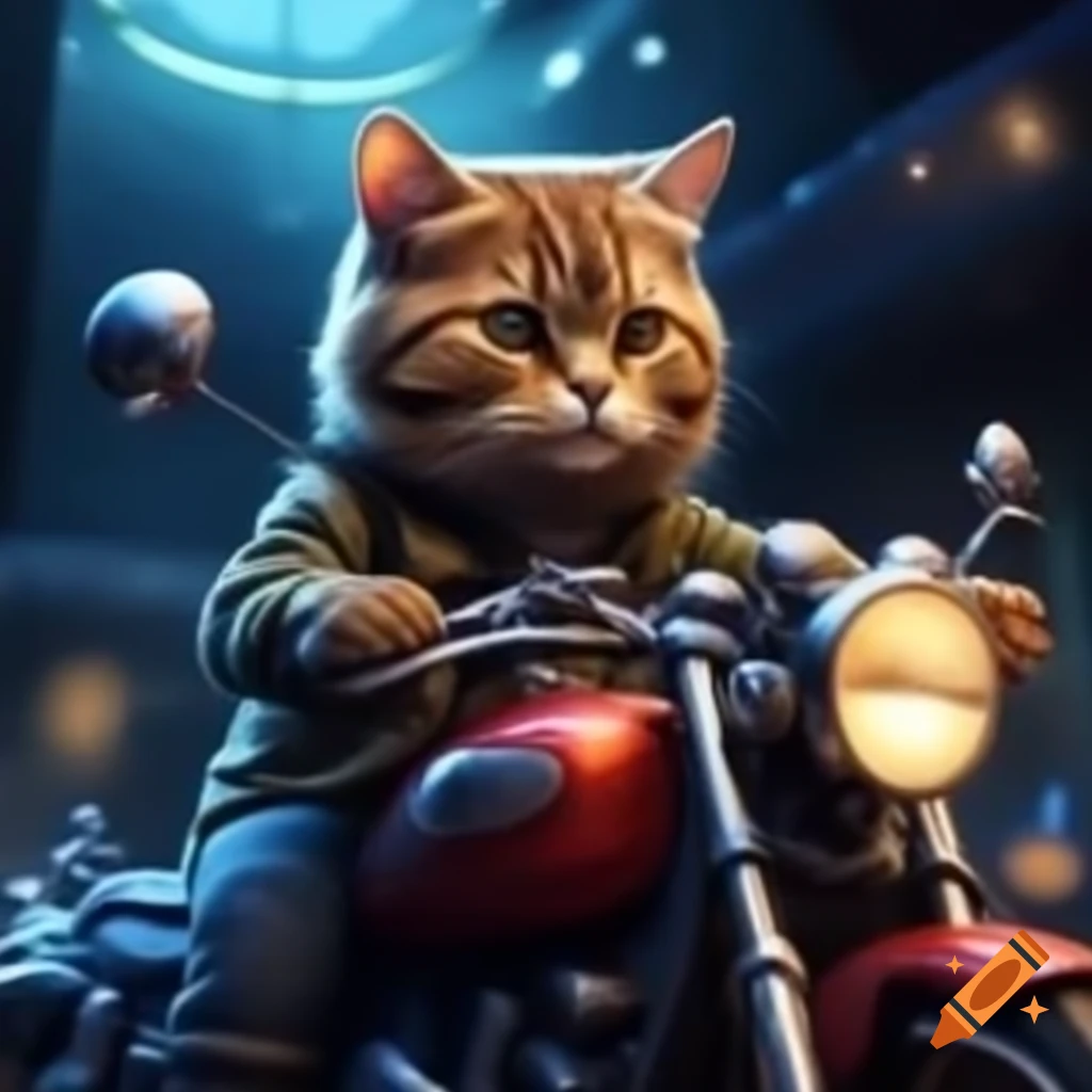 Metamorphosed cat riding a motorcycle