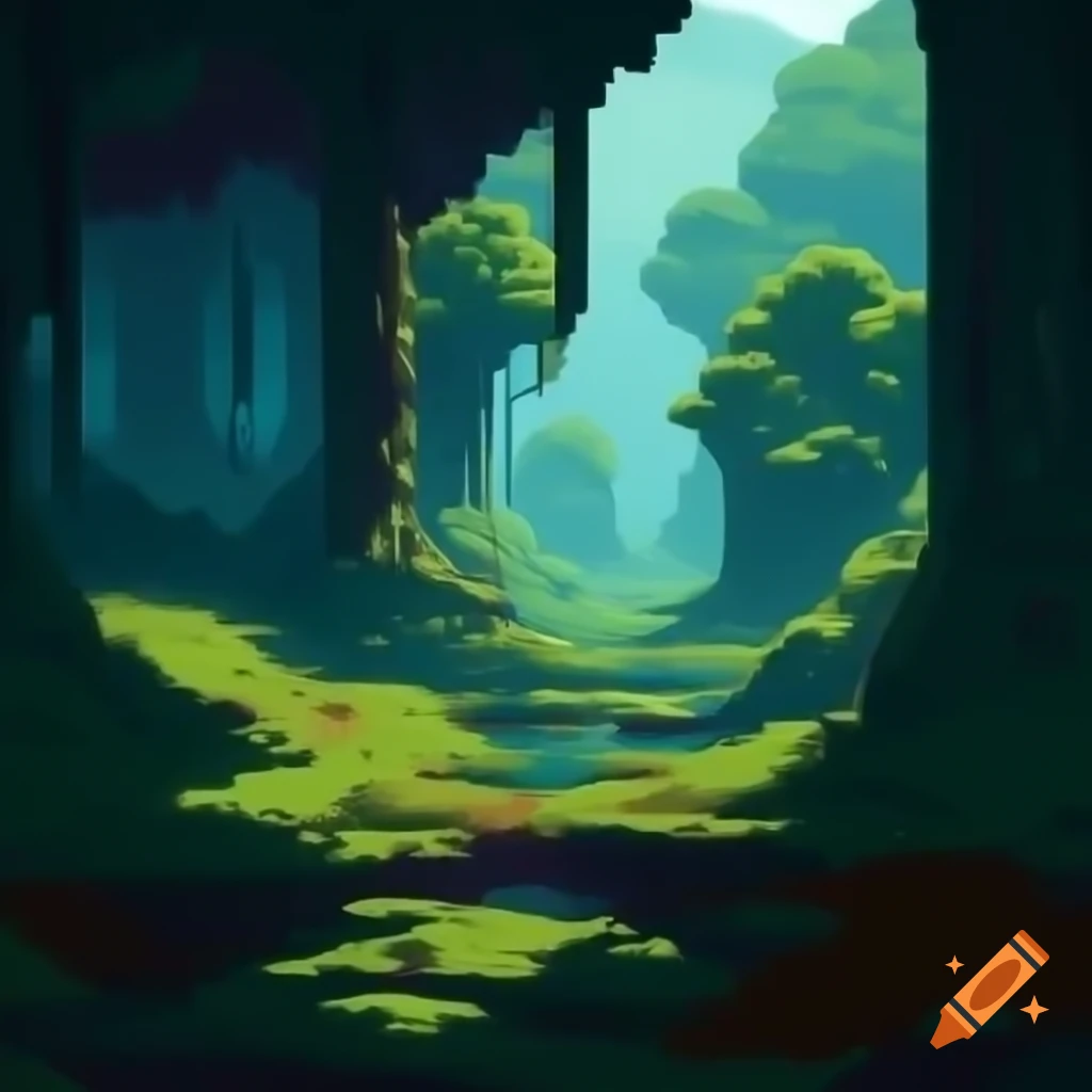 Realistic 2D pixel art of an underground forest landscape
