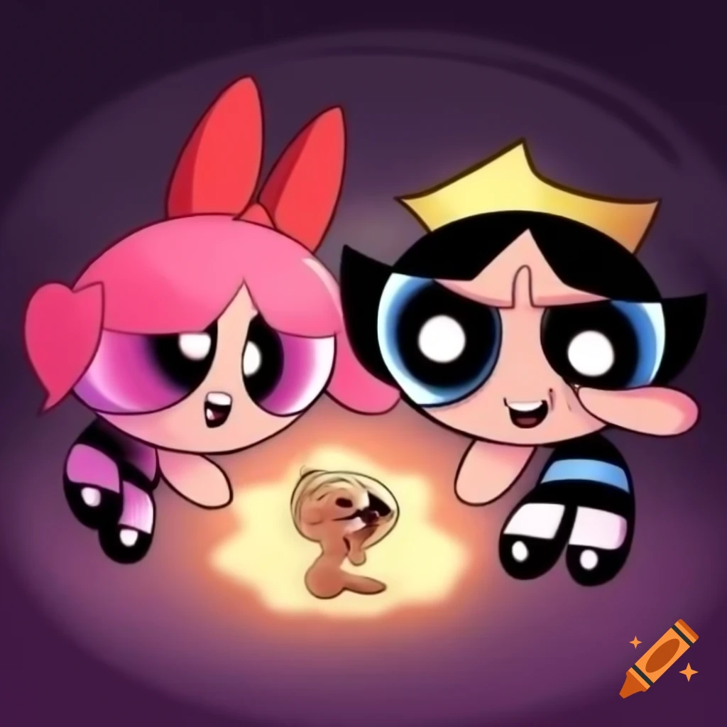 Cartoon scene with PowerPuff Queen Vampire and Funshine Bear from Care Bears