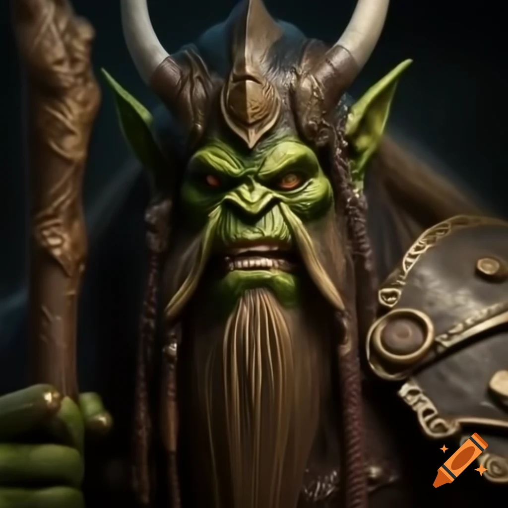 Majestic orc druid shaman with gnarled staff and elaborate wooden helmet