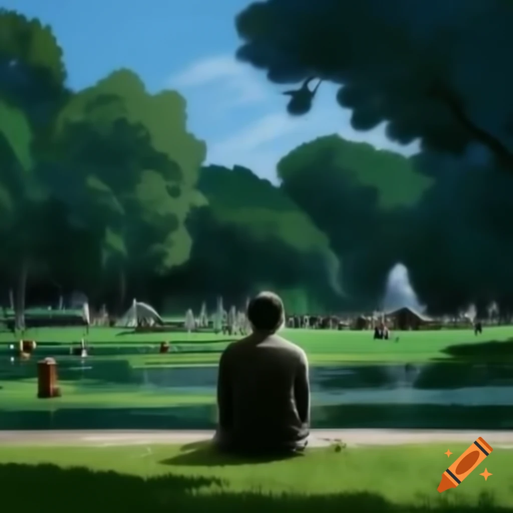 Man sitting on bench in park, poster art style