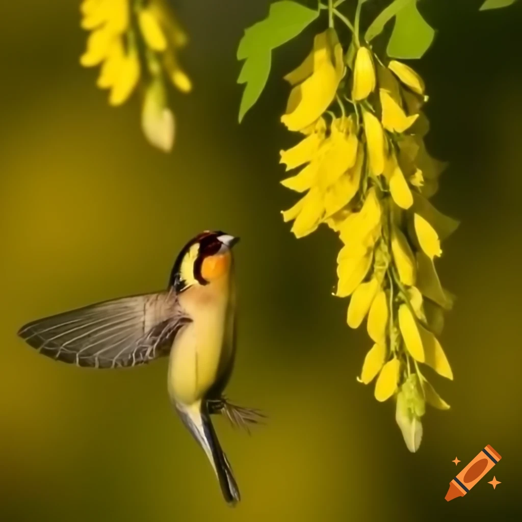 Laburnum tree in afternoon sunlight with yellow leaves and goldfinch