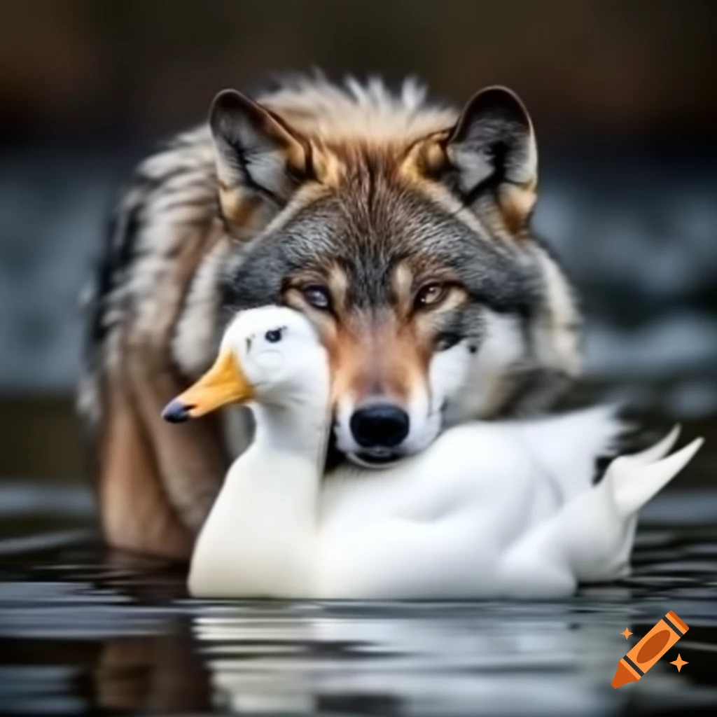 Wolf and white duck in a romantic setting