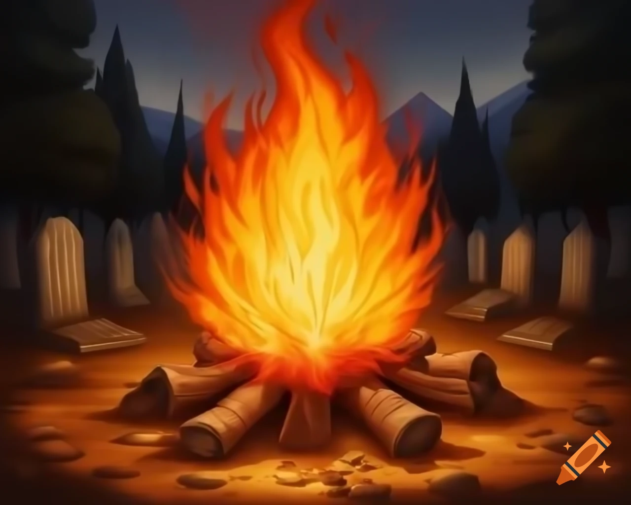 Realistic bonfire in a graveyard depicted in video game style