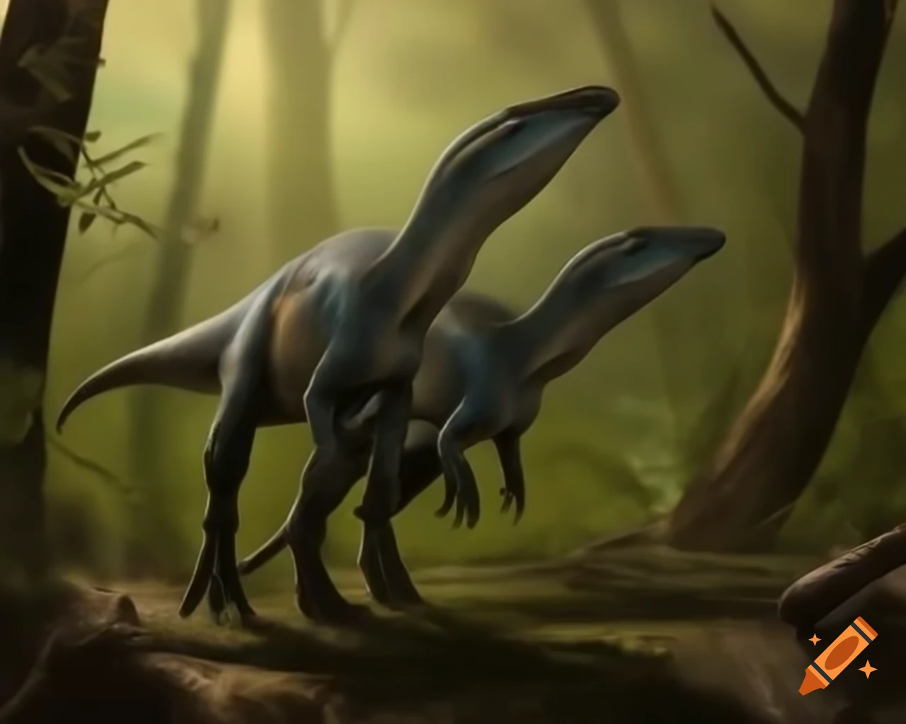Pair of parasaurolophus in prehistoric prairie with warm morning light