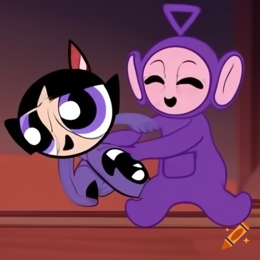 Cartoon scene featuring Queen Vampire Alien Adelline and Tinky Winky Teletubby