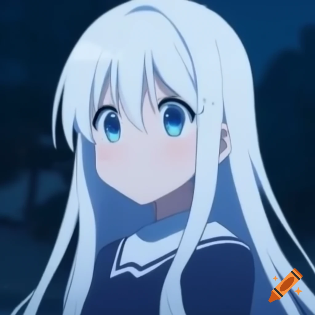 Energetic female 8-year-old anime character with long white hair and light blue eyes