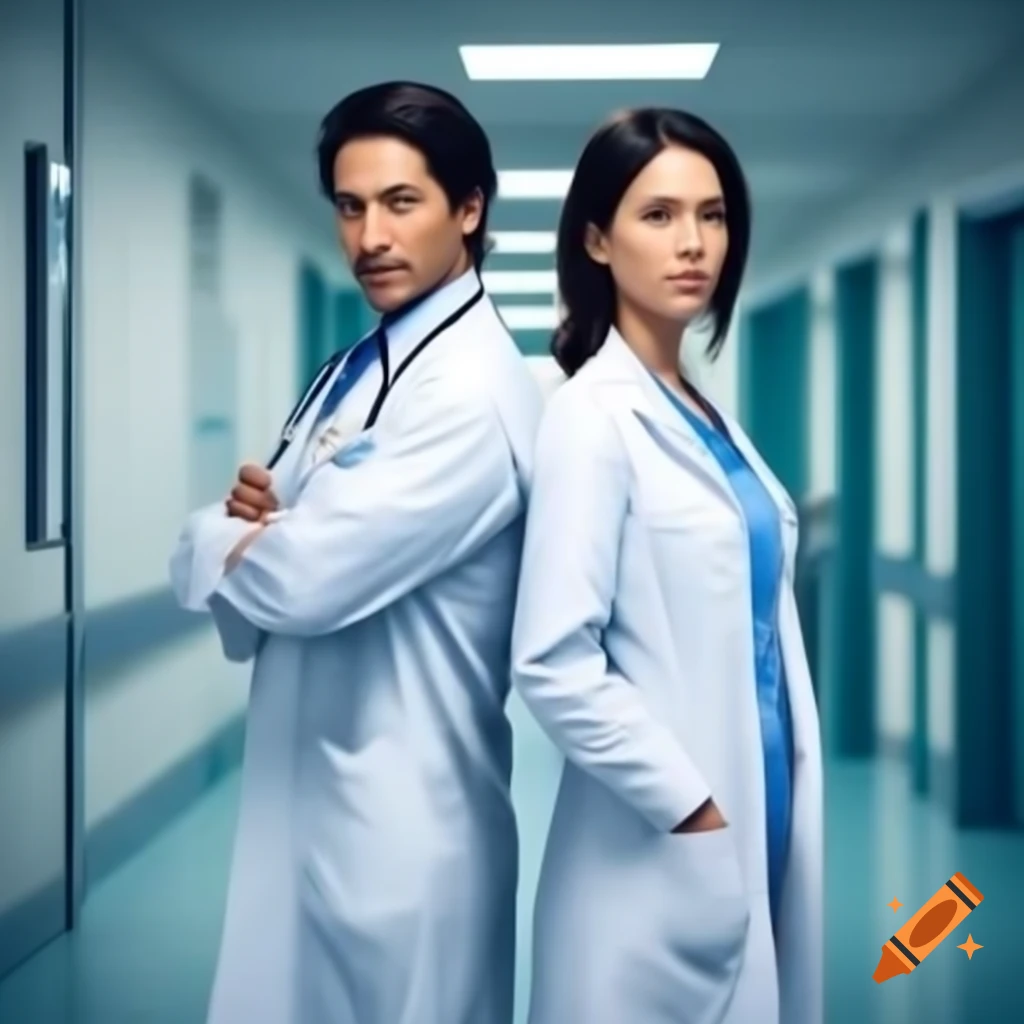 Doctor and nurse in hospital uniforms standing together in modern hospital