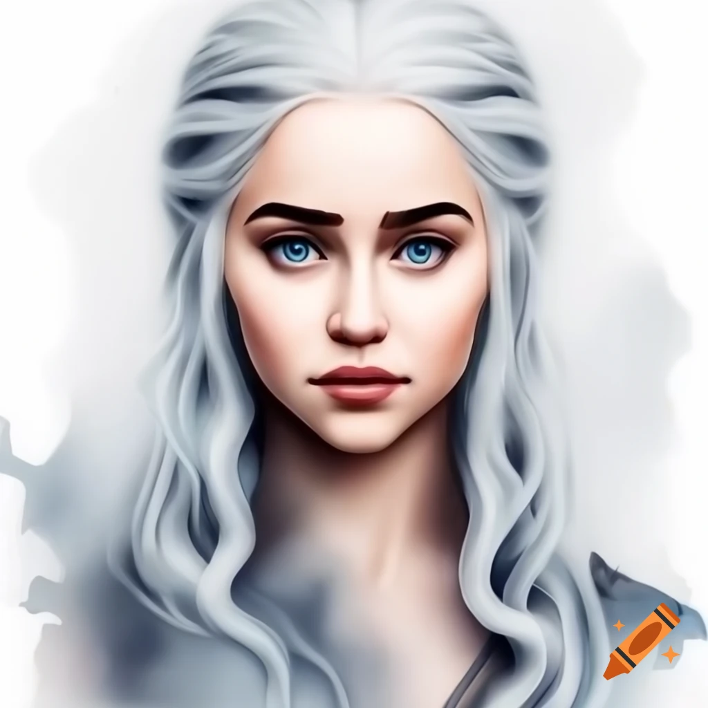 Daenerys targaryen in watercolor fog with silvery hair and realistic