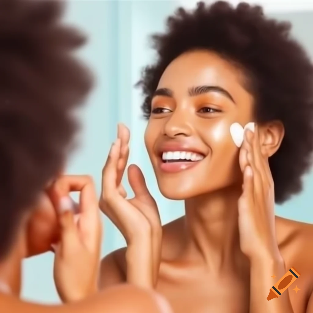 Woman with radiant skin applying skincare in front of mirror