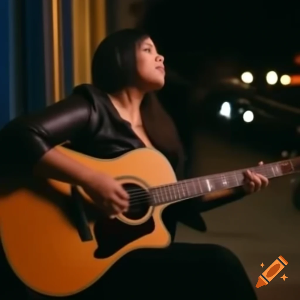 Woman playing guitar on jazz night in New Orleans with night lights