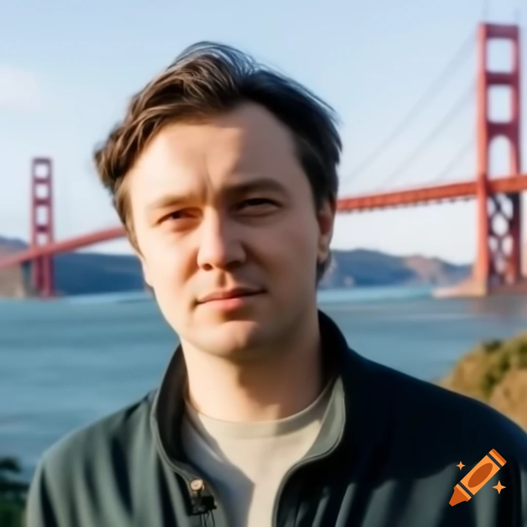 Gordon Freeman-inspired character outside Golden Gate Bridge in dress casual attire