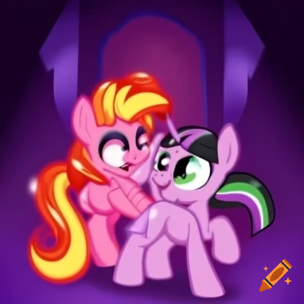 Colorful energy burst interrupts Cartoon PowerPuff Queen Vampire Alien Adelline, featuring Pinkie Pie from My Little Pony