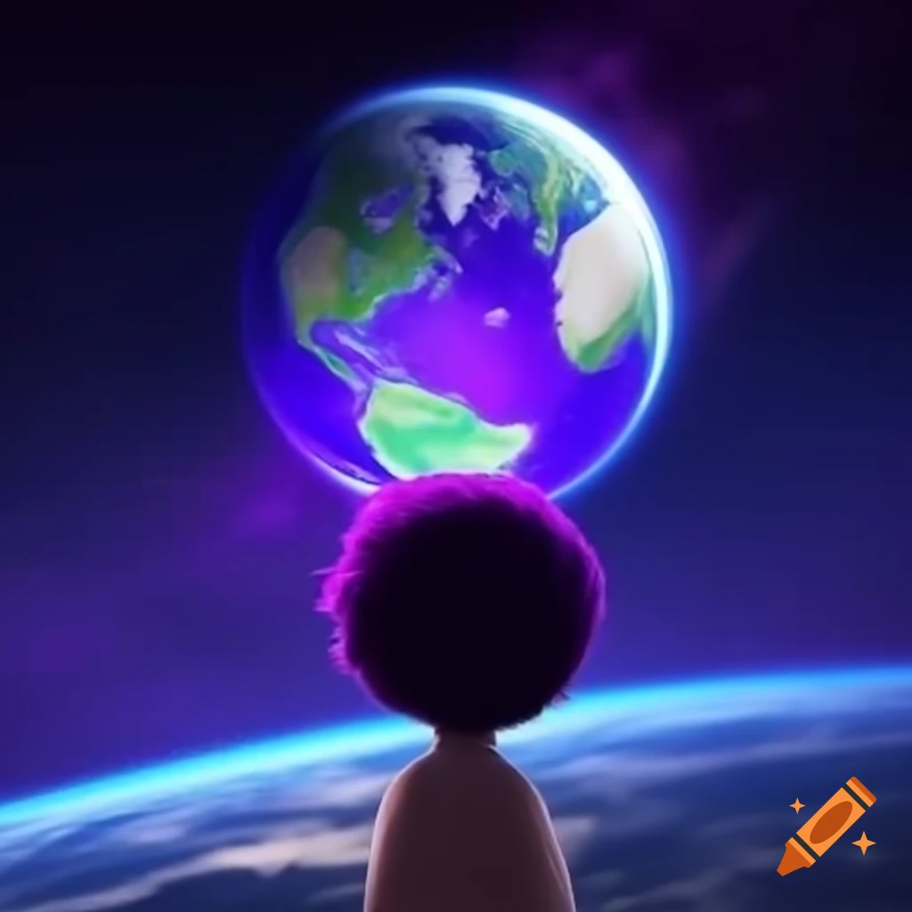 Purple ball gazing at planet Earth over its shoulder