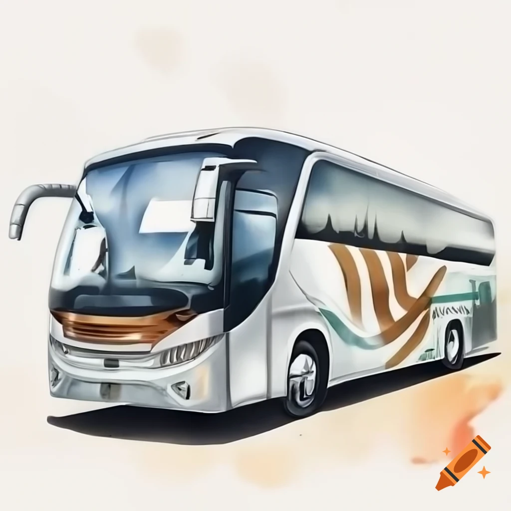 Watercolor depiction of tourist bus with silver and bronze stripes and M logo