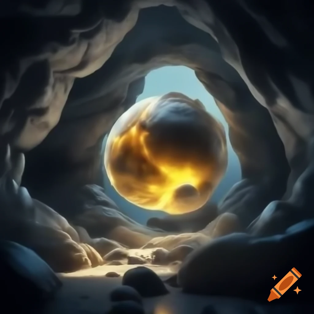 Glowing yellow orb in a rocky cave