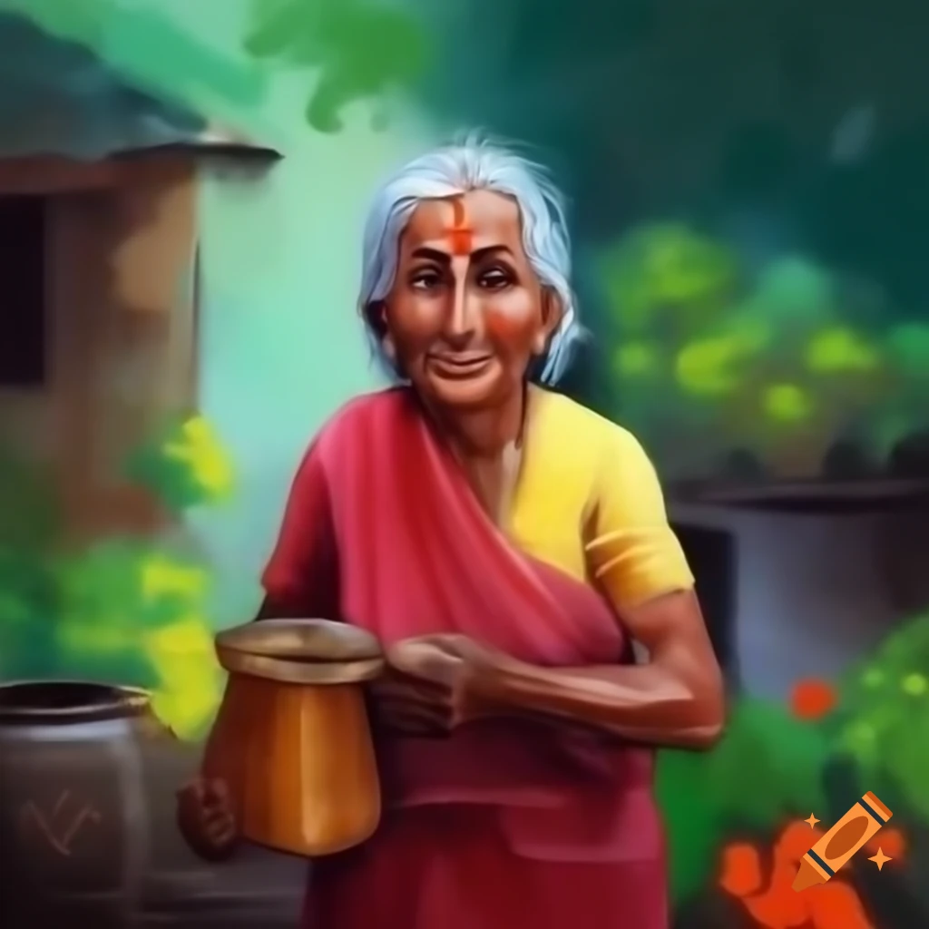 Watercolor painting of elderly Indian woman in village garden