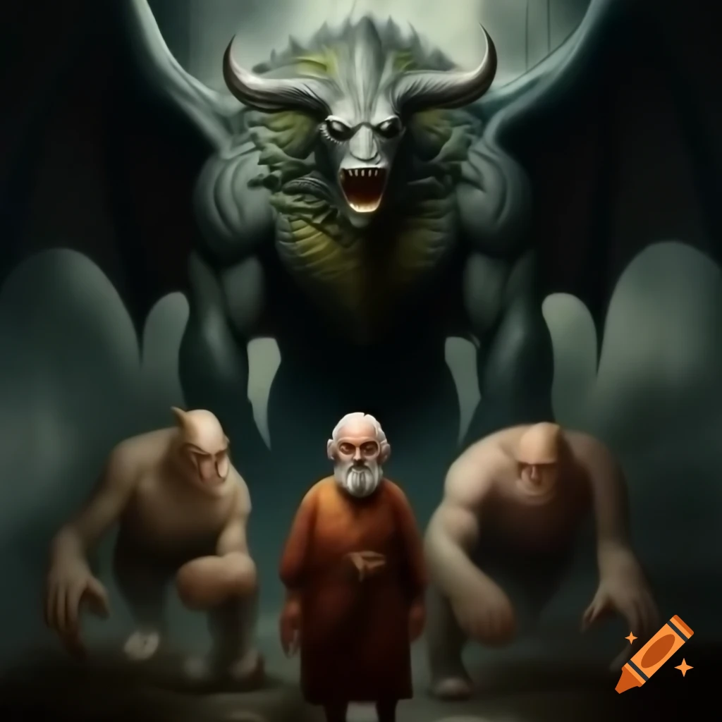 Representation of Asmodeus with three heads: ram, bull, and fierce human