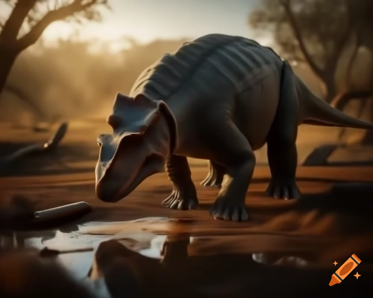 Ankylosaurus drinking in a puddle under tree shadow in sunny clearing