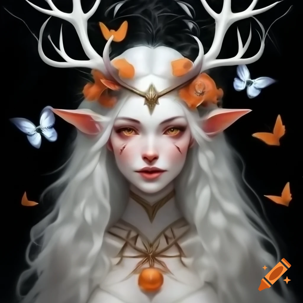 Portrait of a mystical witch with antlers surrounded by flowers and pumpkins, illustration by Ernst