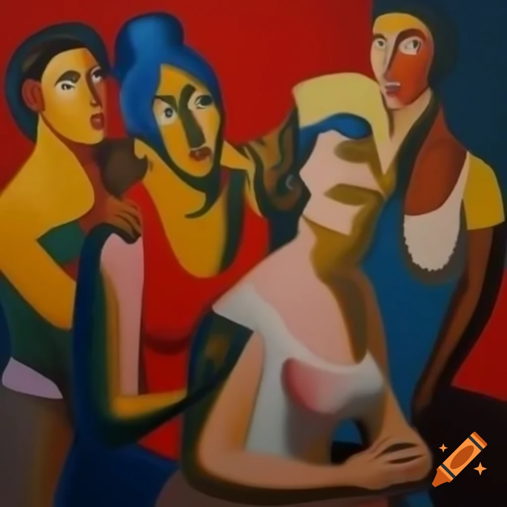 Abstract painting of people in a disco style inspired by Uccello and Picasso