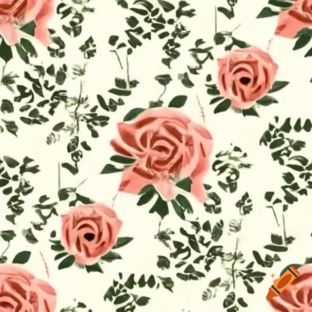 Seamless pattern of digital roses in vintage botanical style with soft coral, dusty rose, and olive green