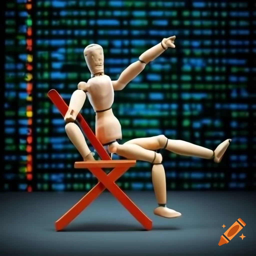 Wooden mannequin performing mobility exercises with teal background