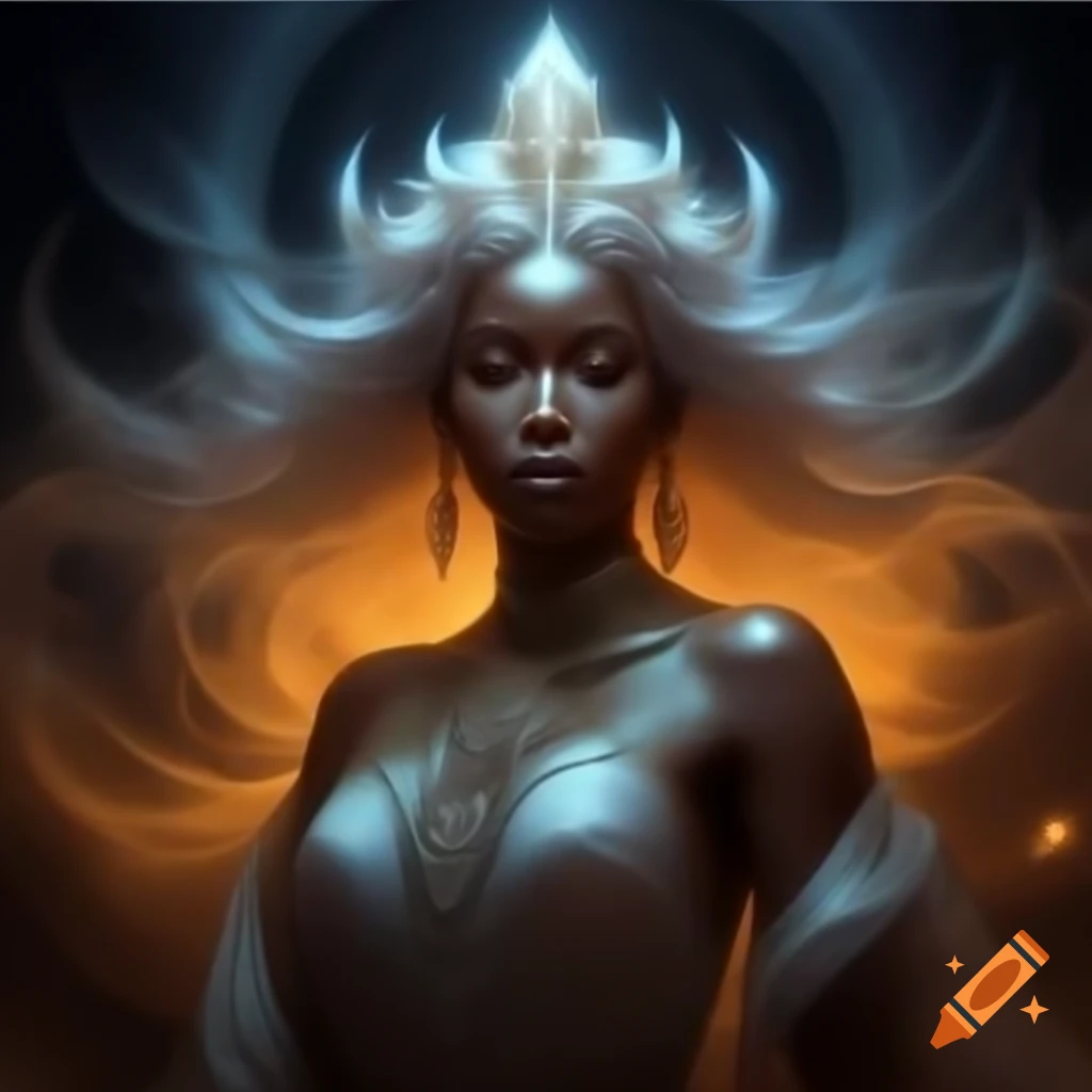 Stunningly beautiful woman embodying goddess with golden glowing skin and ethereal presence