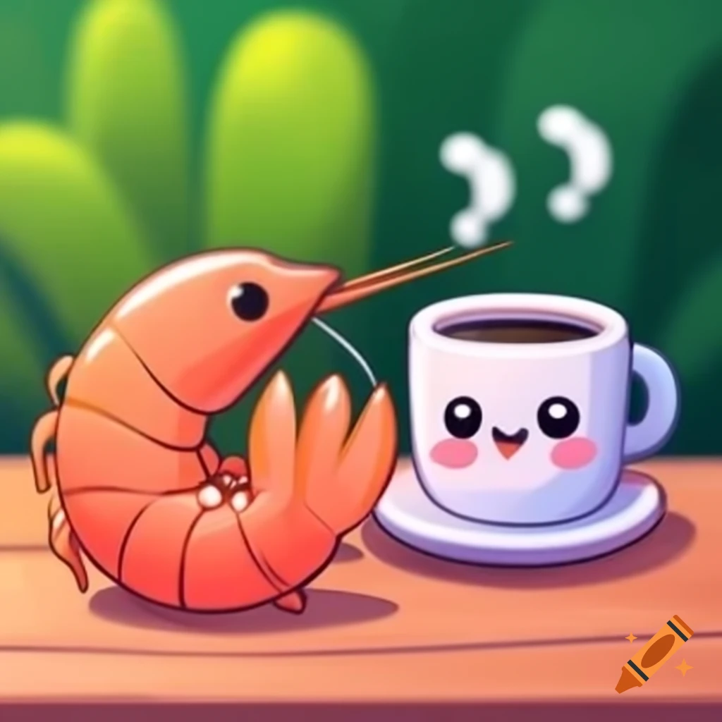Kawaii shrimp next to coffee cup in cute illustration on craiyon