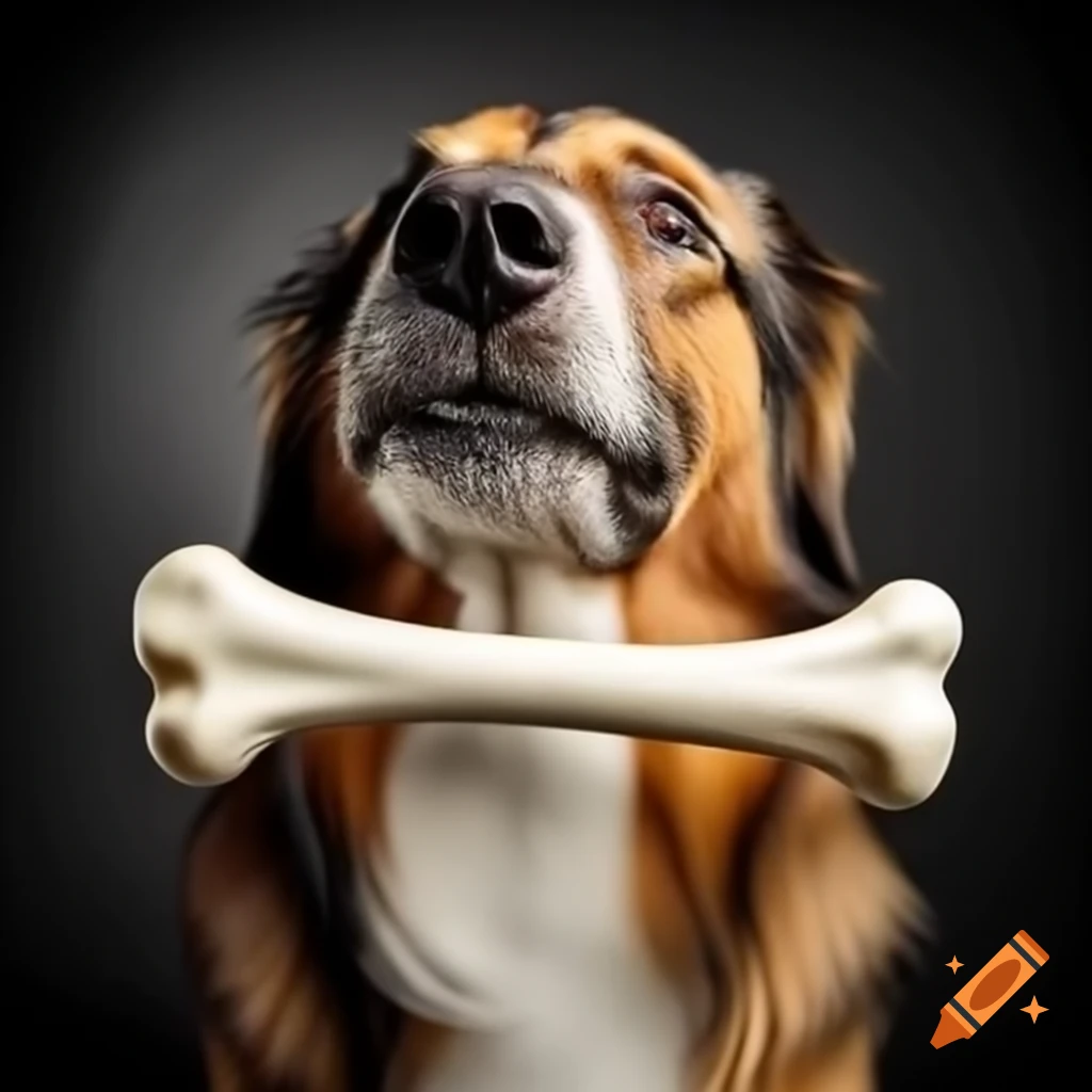 Friendly dog holding a bone in its mouth in a selfie