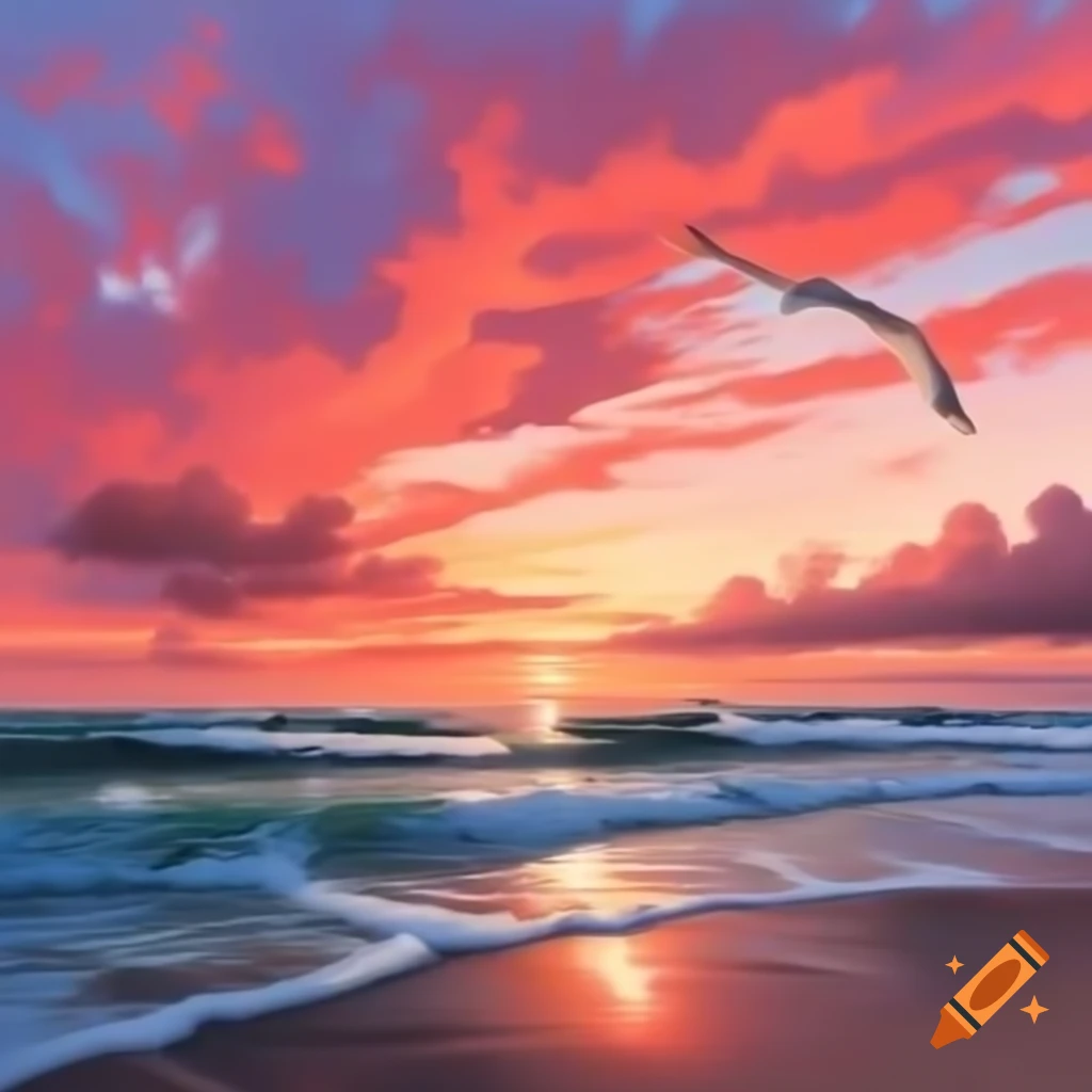 Seagull flying over beach at sunset with red sky