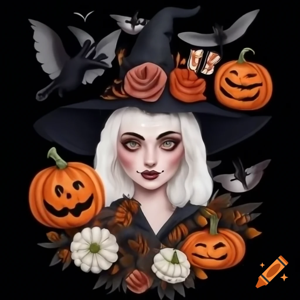 Portrait of a smiling white witch surrounded by dark flowers and bats, illustrated by Ernst Haeckel