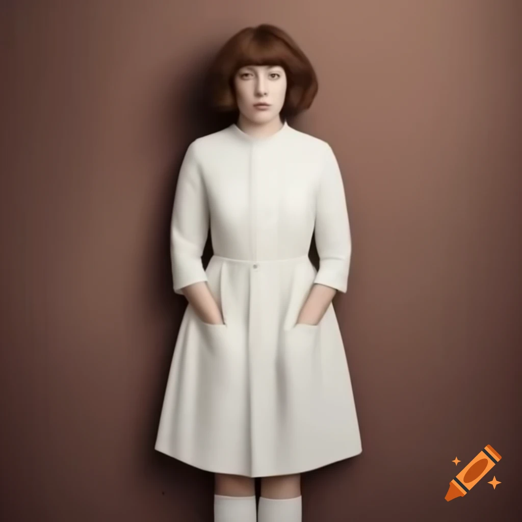 Stylish girl in knee-length dress with brown hair and brown eyes
