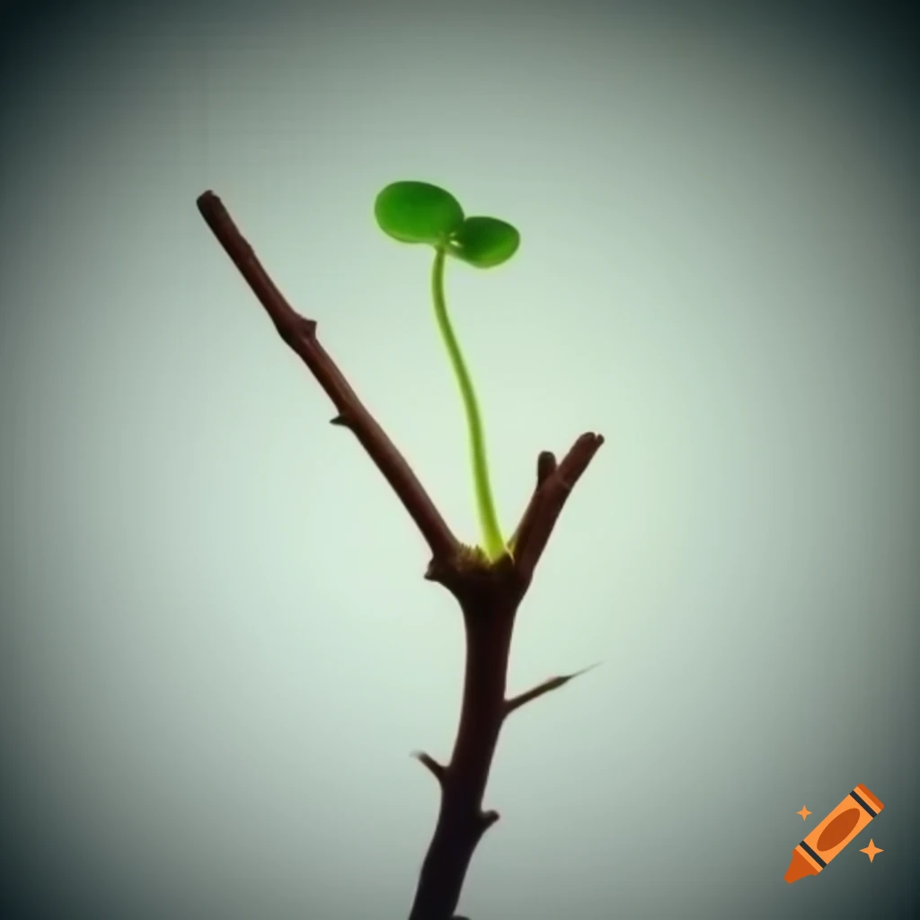 Dead branch with small green sprout against white background