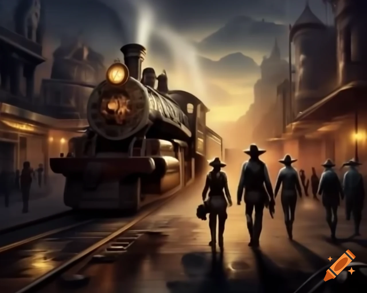 Steampunk city at dusk with cowboys and cats on the sidewalk
