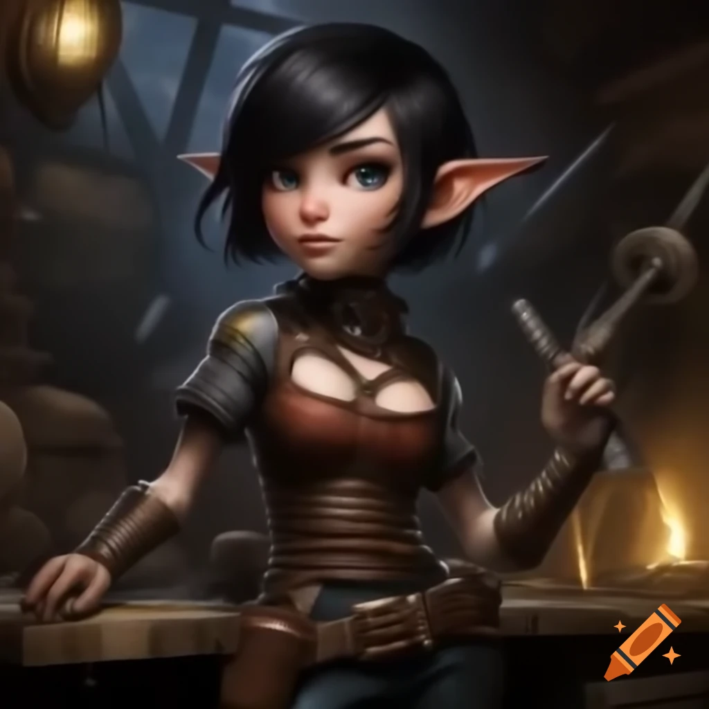 D&D rock gnome with daggers in steampunk workshop