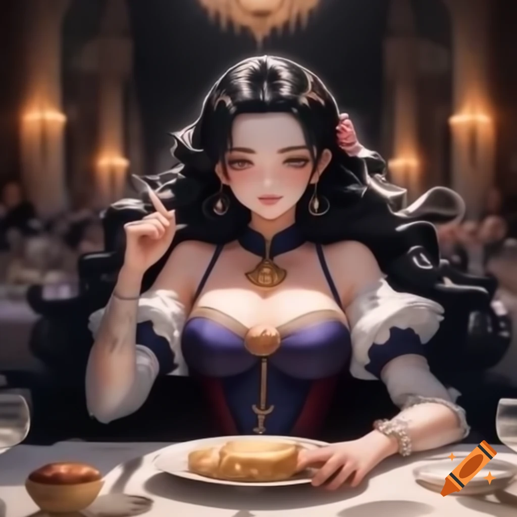 Woman in elegant dress pointing sword at love interest at banquet table