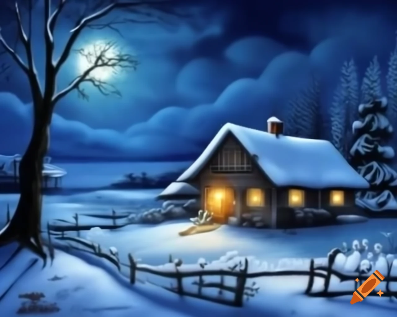 Mysterious snowy landscape with witch's cabin, bats, pine trees, and full moon by Sakimichan