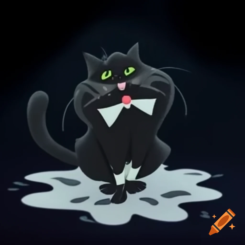 Long-haired black tuxedo cat with white markings on carpet