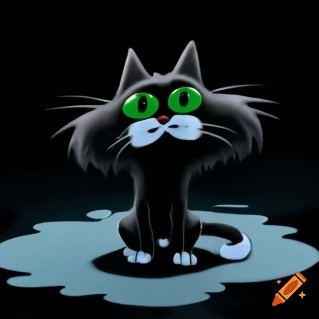 Long-haired black tuxedo cat with white features and green eyes
